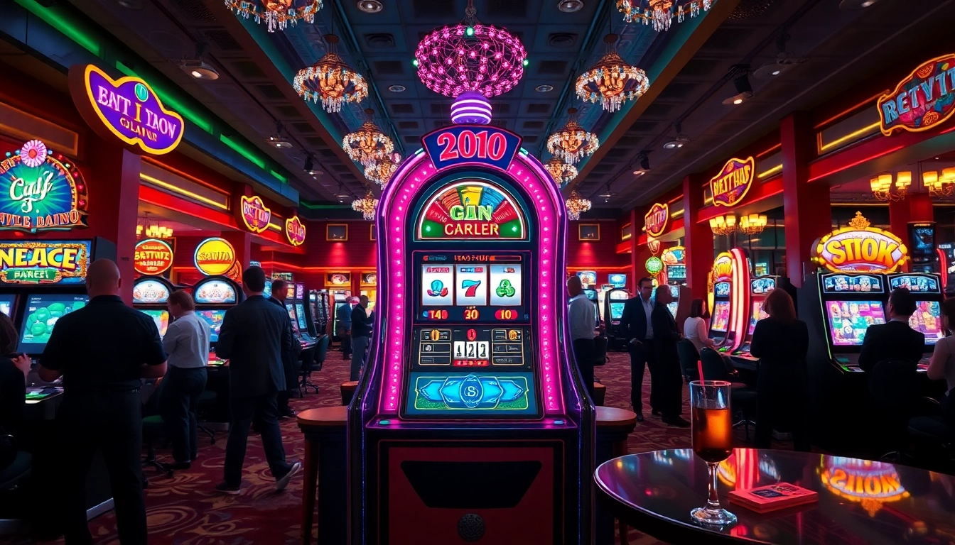Menang di slot gacor dengan mesin slot berwarna-warni di kasino yang ramai.