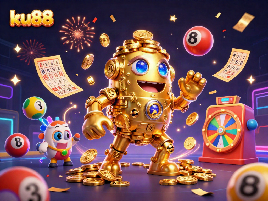 ku88's vibrant casino scene featuring a golden golem and dynamic lottery elements creating engaging gameplay.