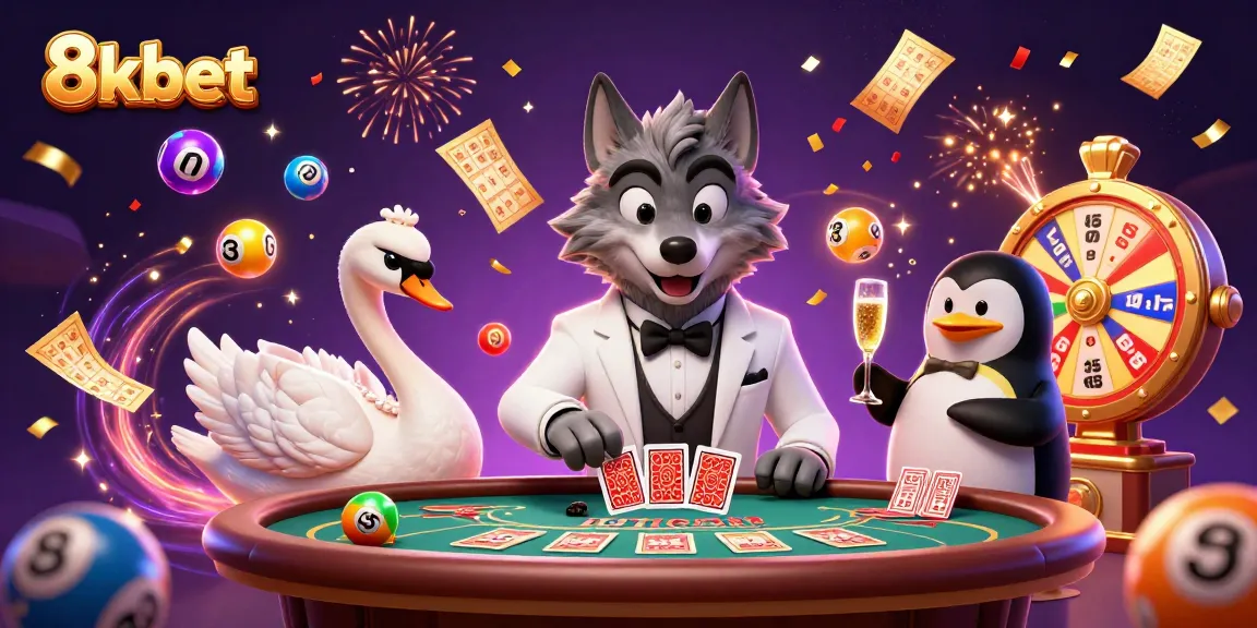 Experience thrilling gaming at 8xbet with a debonair wolf and elegant characters showcasing baccarat excitement.