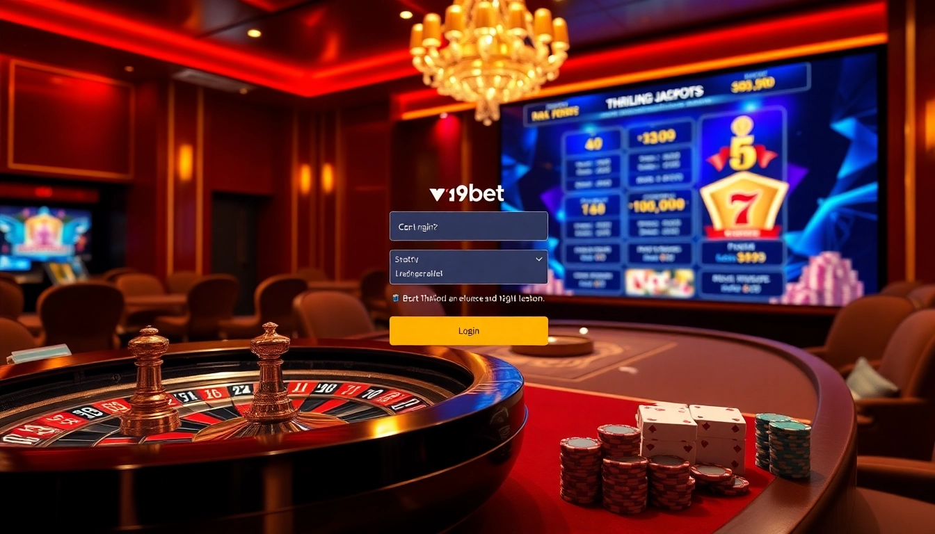 v9bet đang nhập interface showcased in a luxurious casino environment with poker table and roulette wheel.