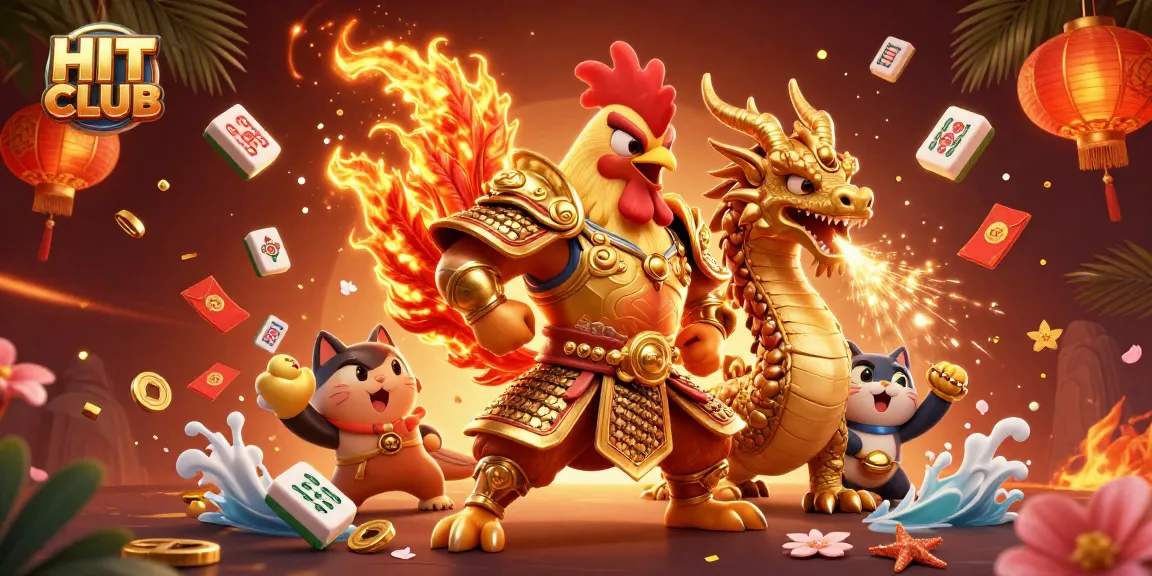 Engage with HIT CLUB's thrilling gaming experience through a dynamic illustration of powerful characters and vibrant casino elements.