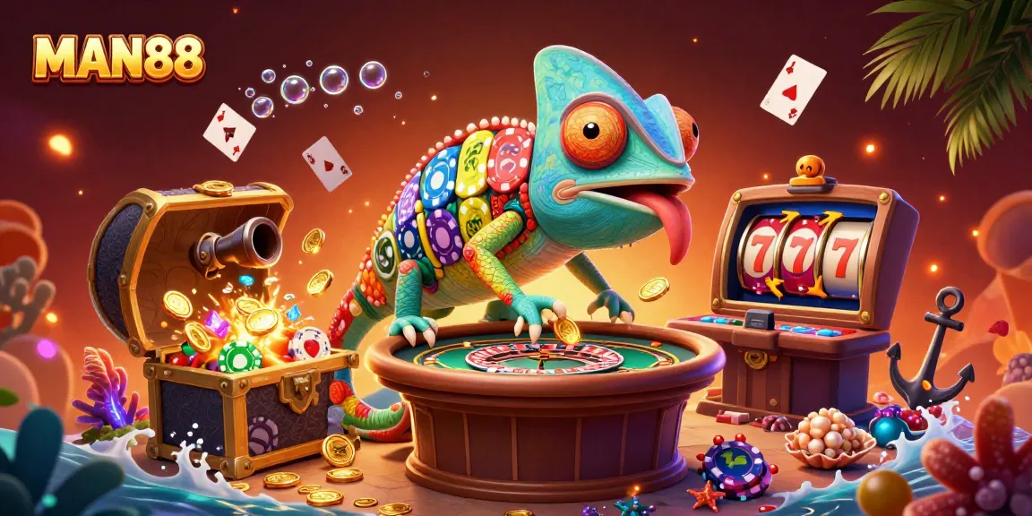 Experience exciting wins with MAN88 – a vibrant chameleon casino owner amidst colorful slot games.