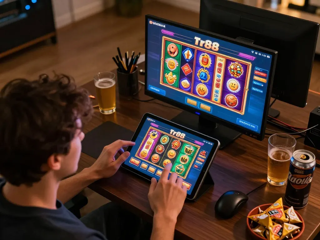 Player engaging with the tr88 casino app on a tablet, displaying vibrant slot game graphics in a cozy home setting.