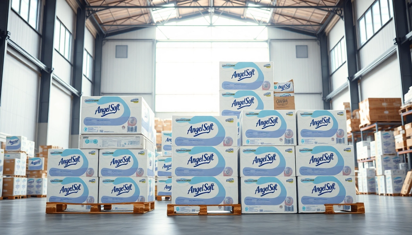 Showcasing Angel Soft Toilet Paper Pallets stacked neatly in an organized warehouse.