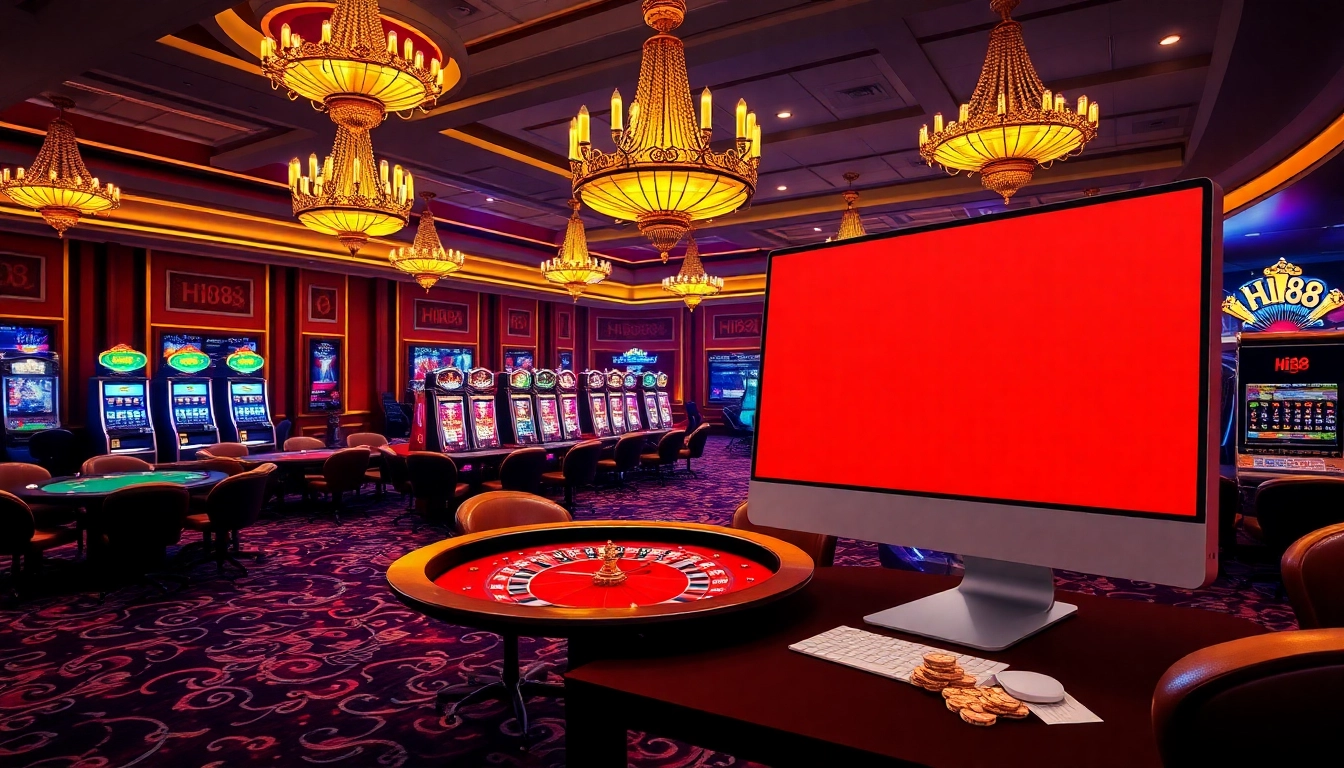Exciting gaming scene at Hi88, showcasing Baccarat, roulette, and slot machines.