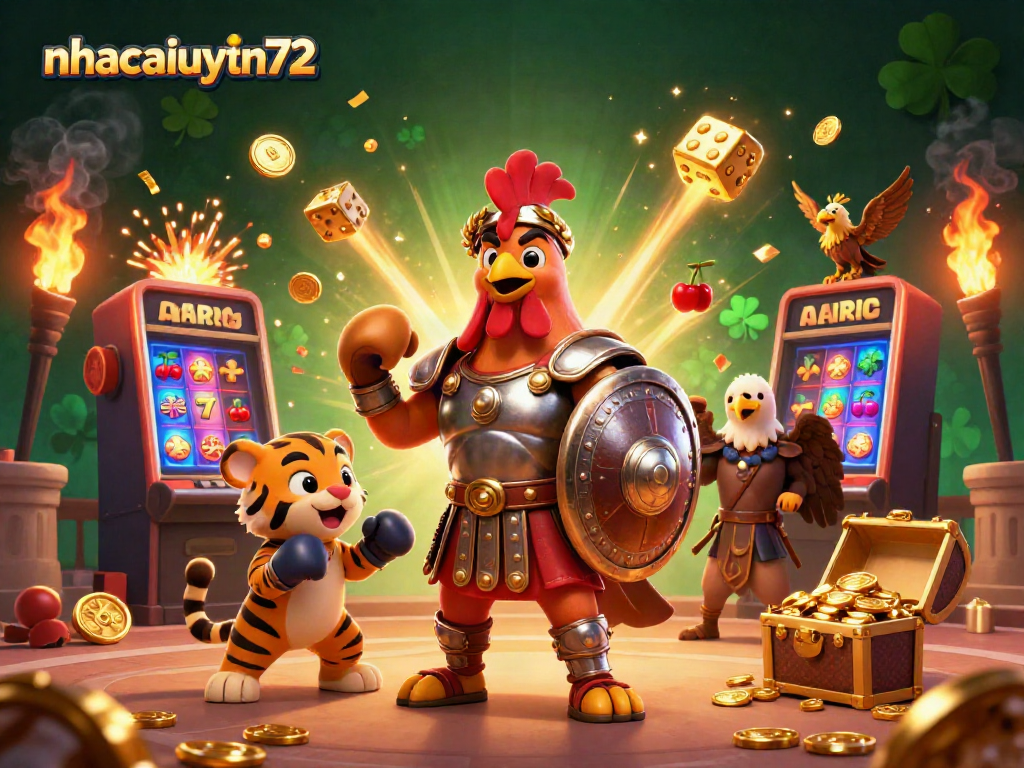 A vibrant 3D casino scene featuring nhacaiuytin72, with a gladiator rooster and tiger cub, surrounded by slot machines and golden coins.