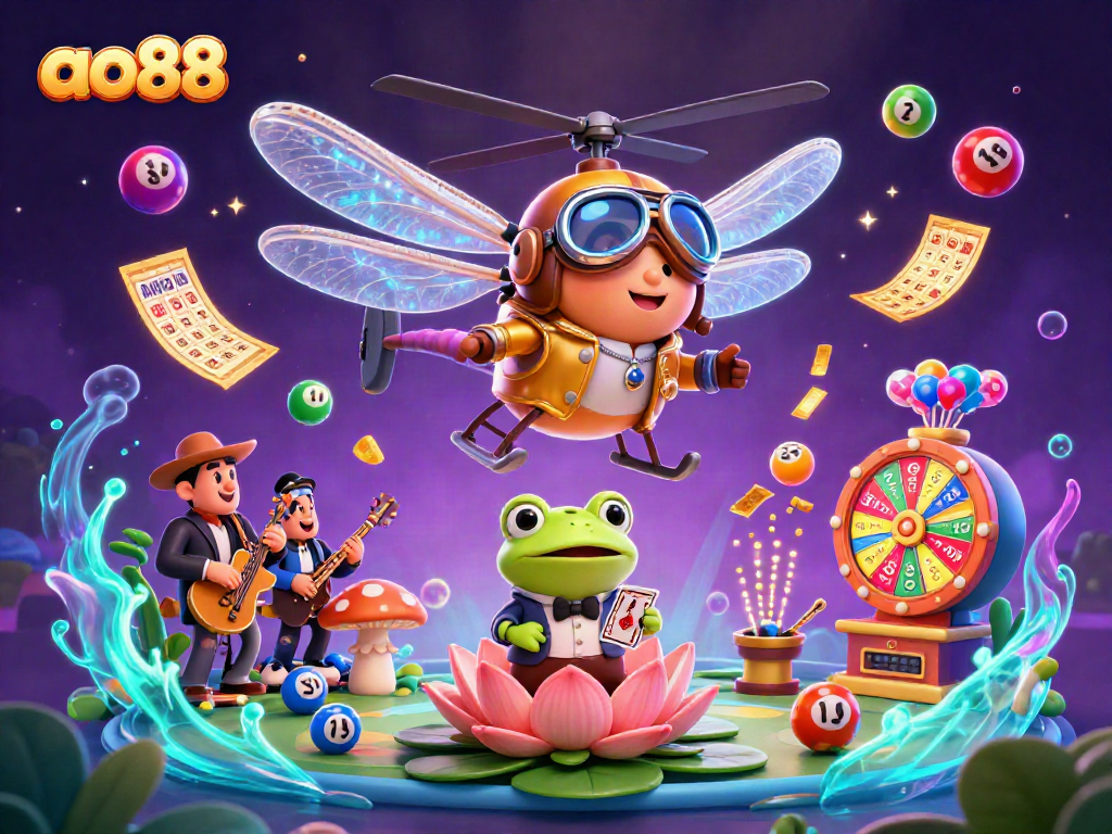 Engage with ao88's lively casino scene featuring a dragonfly pilot, frog croupier, and vibrant game elements.