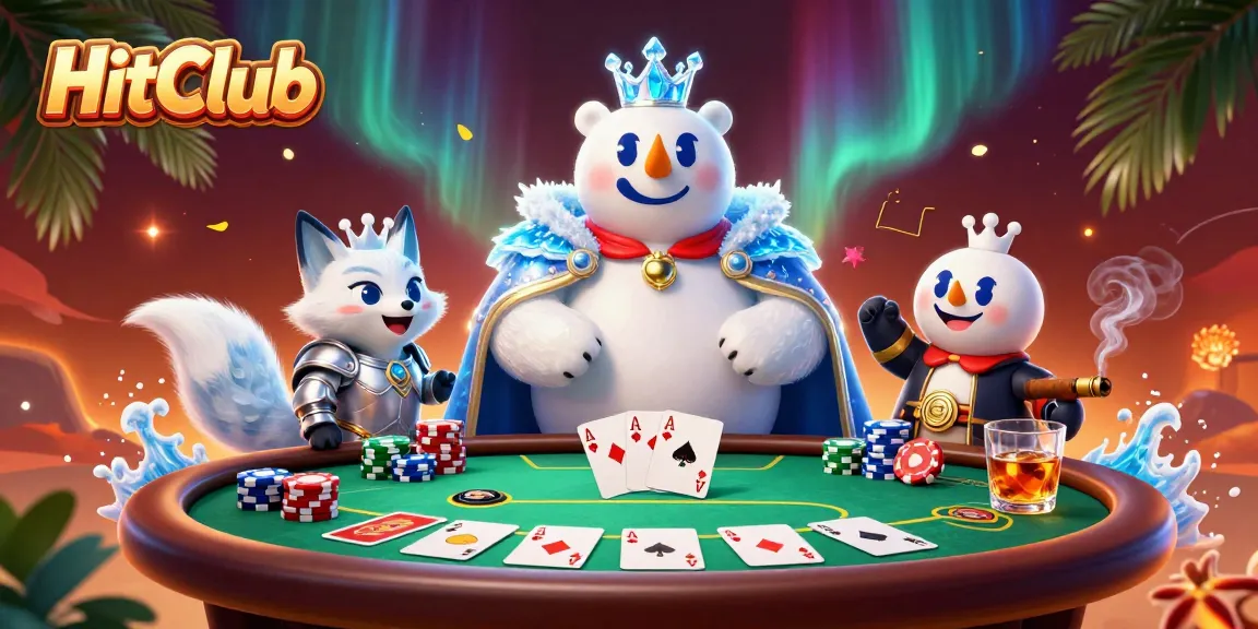 HitClub features an ice king polar bear and snow fox at a vibrant poker table in a dynamic casino scene.