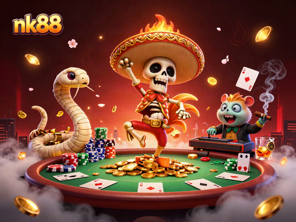 Engage with nk88 as a lively 3D-themed casino scene showcasing playful characters and rich gambling elements.