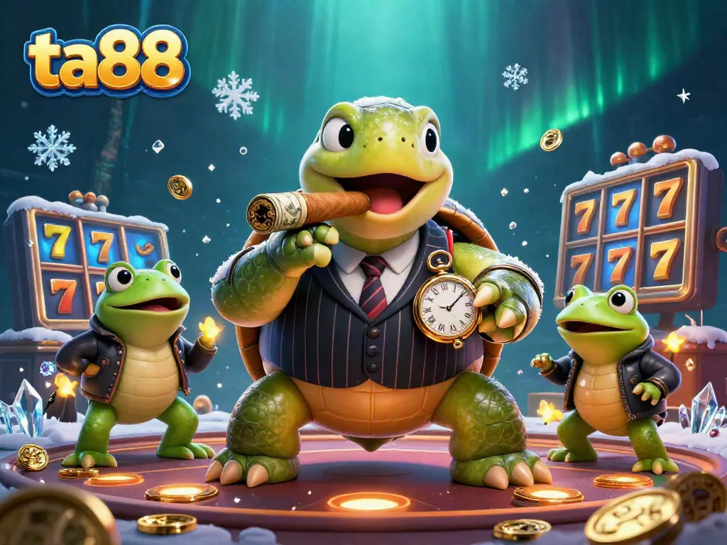 Experience the thrill of ta88 with a vibrant casino atmosphere featuring a massive turtle in a mobster suit alongside bullfrog enforcers.