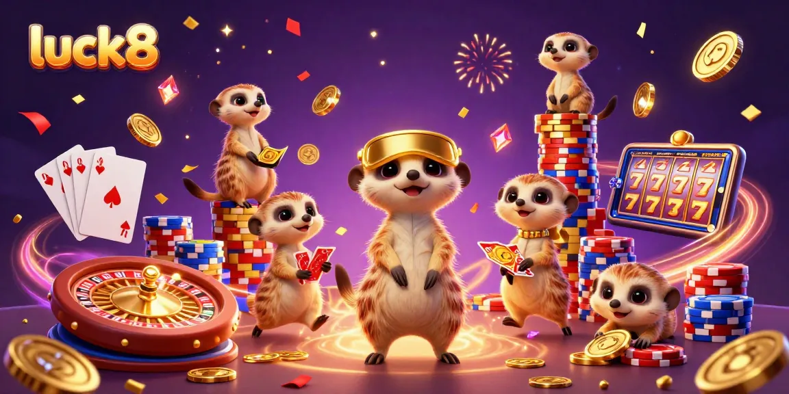 Luck8 meerkats operating a lively casino with golden coins, colorful chips, and dazzling game elements.