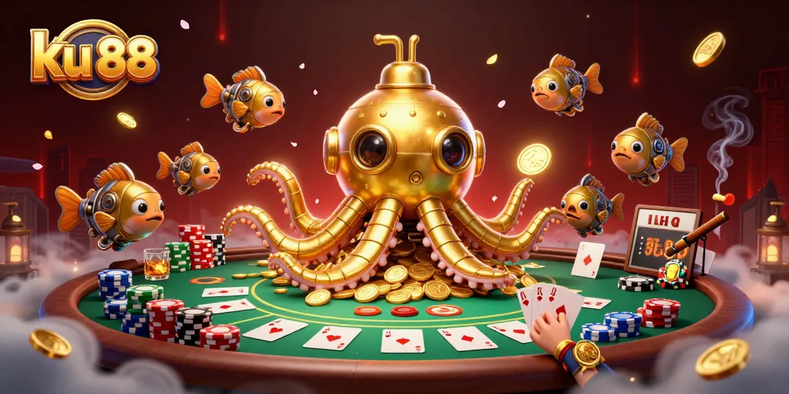 Engage with ku 88 as you dive into a vibrant poker scene featuring a golden kraken submarine.