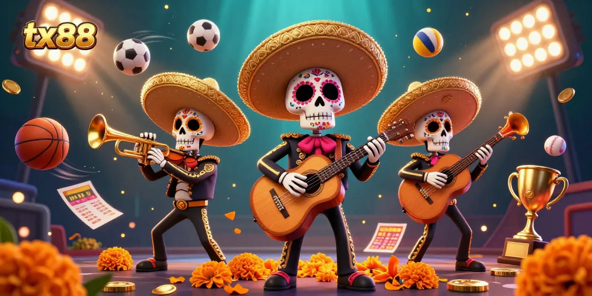 Immerse yourself in tx88's vibrant mariachi gaming scene, featuring 3D skeleton musicians amidst dynamic sports elements.
