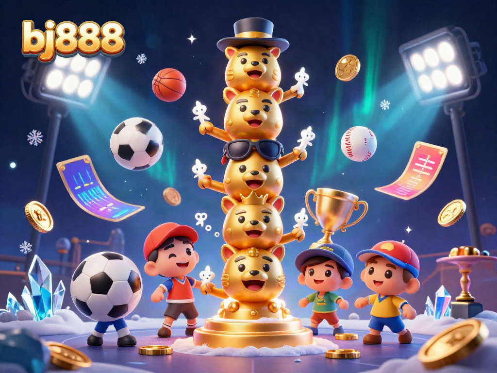 Engage with bj888 through a vibrant 3D casino scene featuring a golden totem, sports elements, and dynamic action.