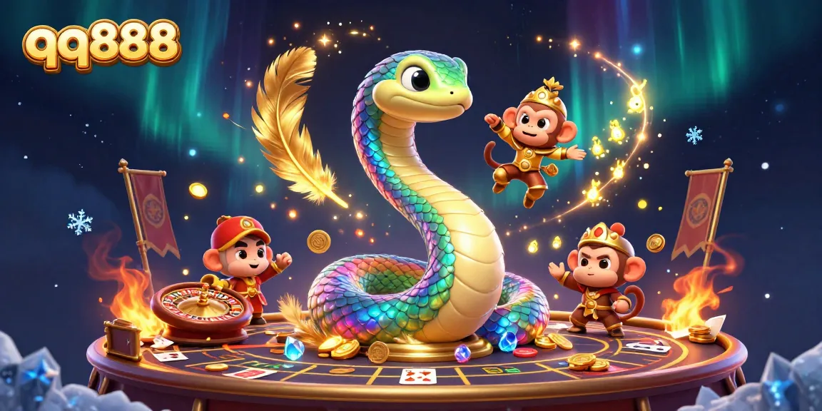 Experimente a emocionante ação de cassino com qq888 através de uma vibrante ilustração 3D da serpente arco-íris e do rei macaco.