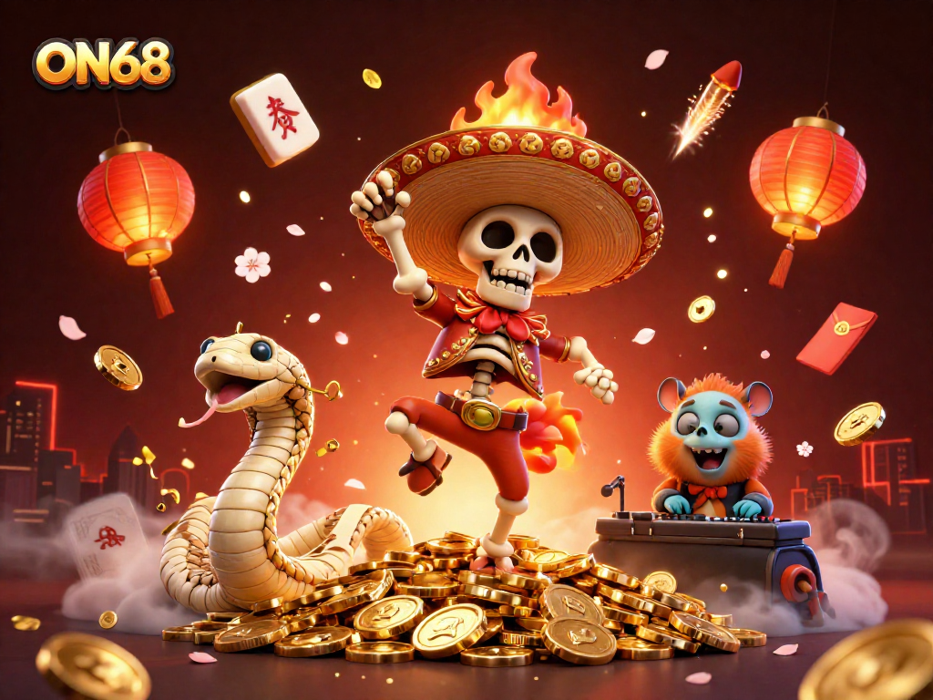 Experience the excitement of ON68 with a vibrant 3D casino scene featuring festive characters and rich game symbols