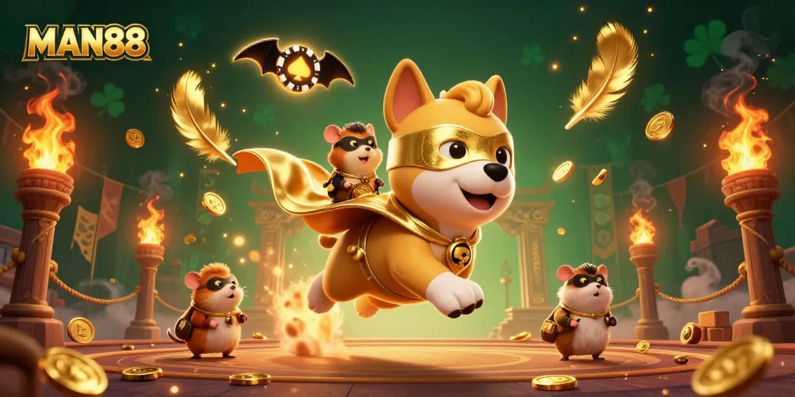 Win big with MAN88 as a cartoon superhero dog and sidekick hamster soar through a vibrant casino scene.