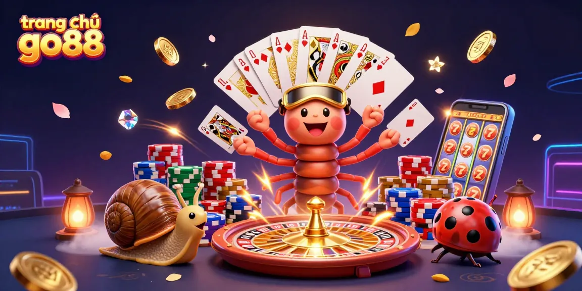 Experience excitement at trang chủ go88 with a lively gaming scene featuring a millipede dealer and chip stacking snail.