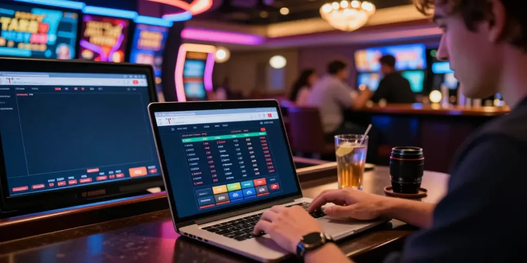 User enjoying sports betting on TA88 platform in a vibrant casino environment.