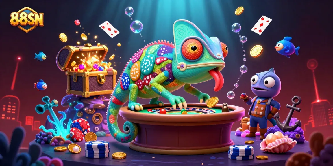 Engage with thrilling games at 88SN, featuring a vibrant scene of a chameleon casino owner and exciting game elements.
