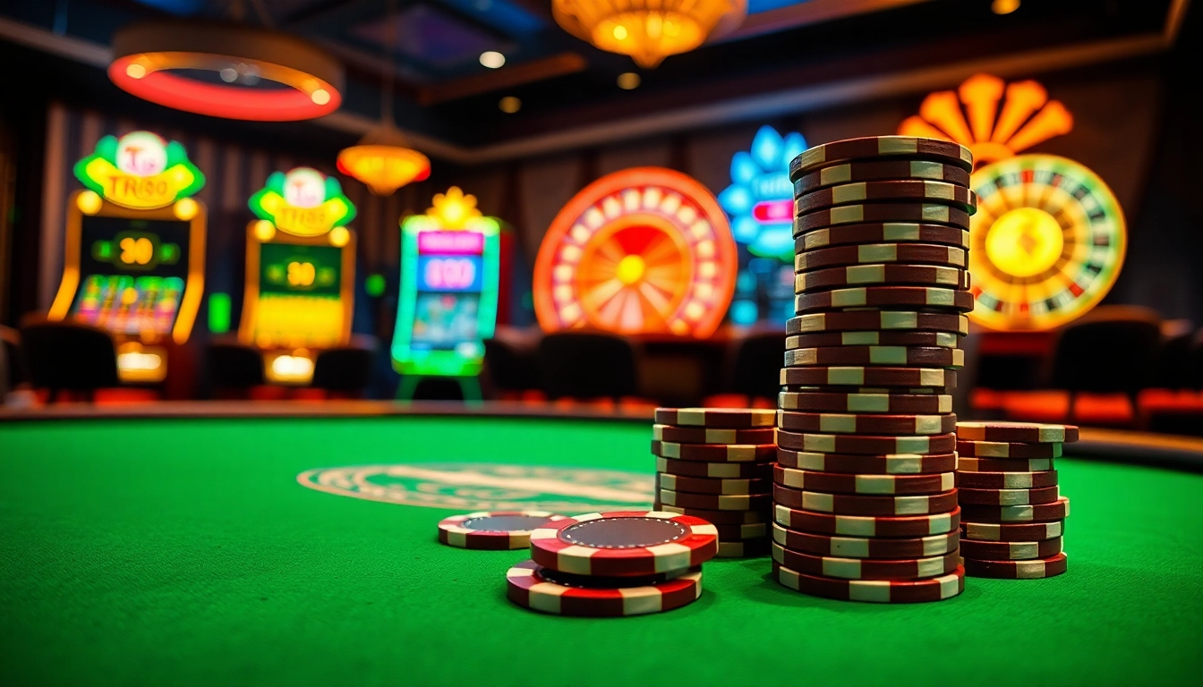 TR88 poker table set for game night with sparkling chips and vibrant slot machines in the background.