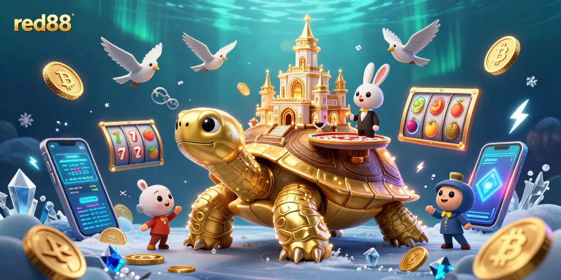 Experience thrilling gaming at red88 with a golden tortoise casino scene filled with crypto coins and vibrant characters.