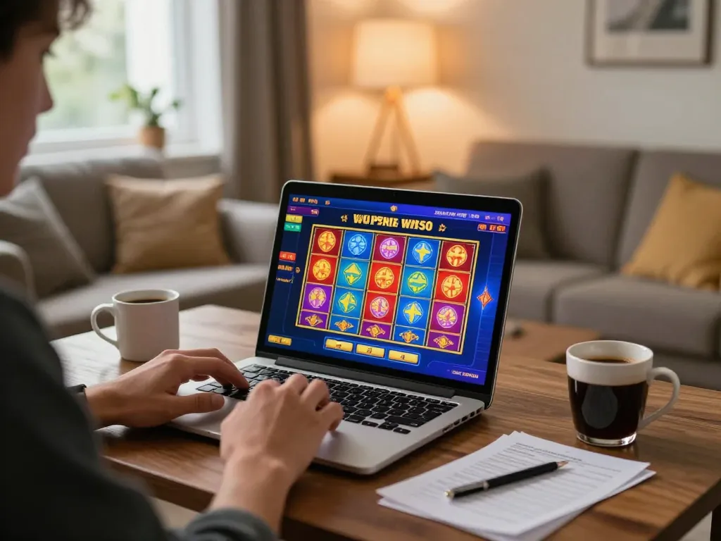 Player enjoying an online gaming session at 81ff with slots on laptop in a cozy home.
