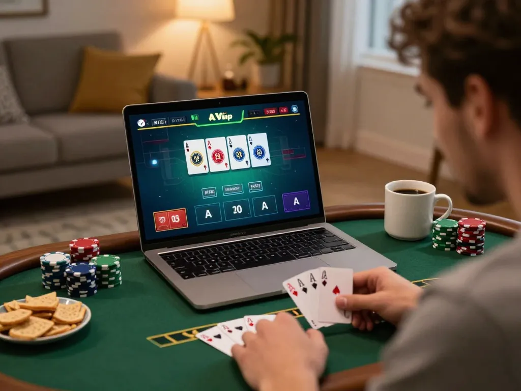 Jogador envolvente em casa jogando blackjack em um laptop, demonstrando a experiência de jogo da aavip.
