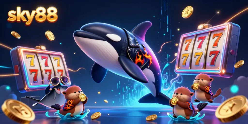 sky88 brings excitement with a playful ocean scene featuring sea creatures and casino elements.