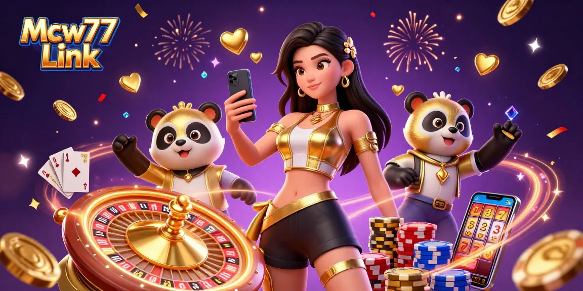 Engage with Mcw77 Link featuring a stunning lady and a playful panda in a casino atmosphere.