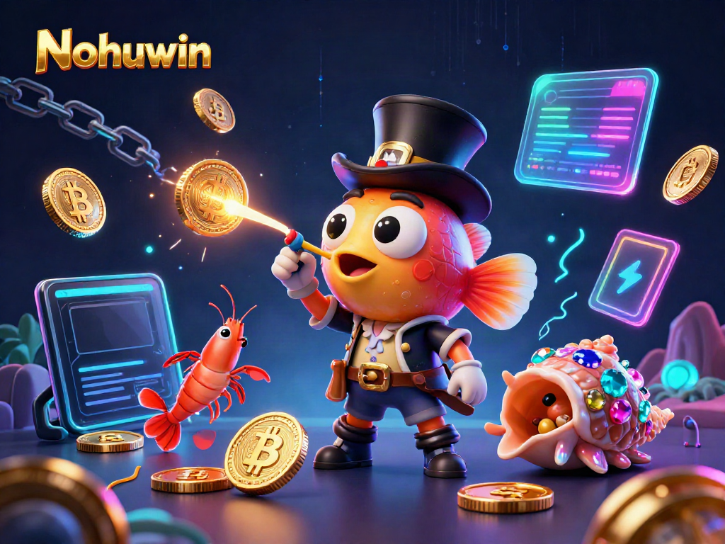 Nohuwin showcases a vibrant 3D scene of a glowing anglerfish attracting coins, exemplifying online gaming excitement.