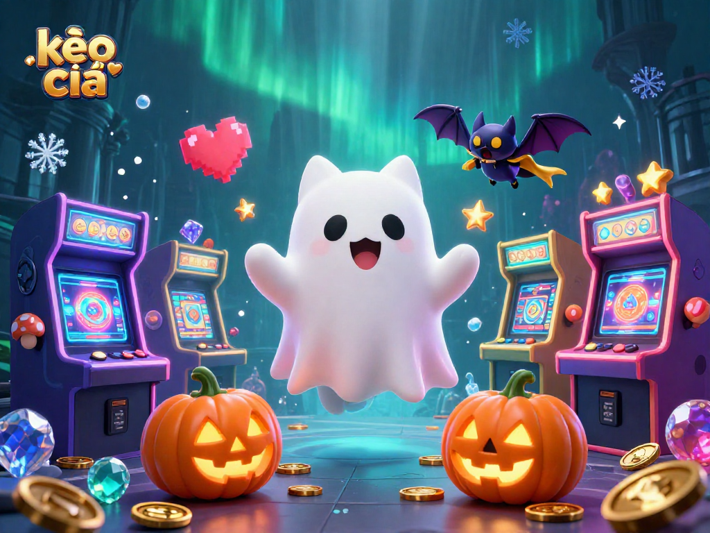 Engage with the lively kèo nhà cái scene featuring a playful ghost cat and a vampire bat in a haunted casino.