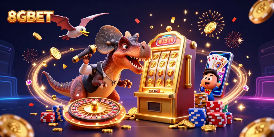 Experience excitement at 8GBET with playful dinosaurs and golden jackpots flying around!