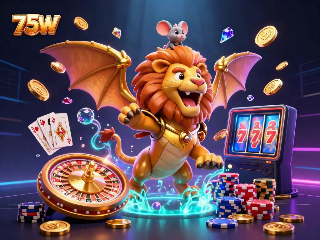 Engage with 75W casino gameplay depicted through a chimera and mouse jockey, surrounded by sparkling gems and coins.