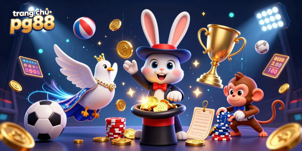 Engage with the exciting world of trang chủ pg88, showcasing a whimsical casino scene with spirited characters ready to deal poker chips and golden coins.