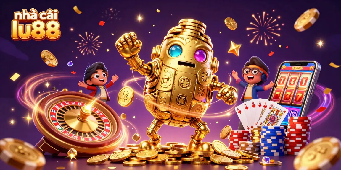 Experience the vibrant world of nhà cái lu88 with dynamic coins, cards, and celebratory elements.
