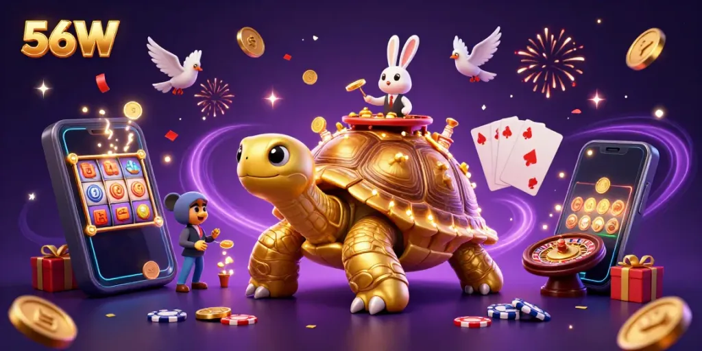 Engage with 56W's thrilling gaming experience featuring a golden tortoise casino and dynamic dealer