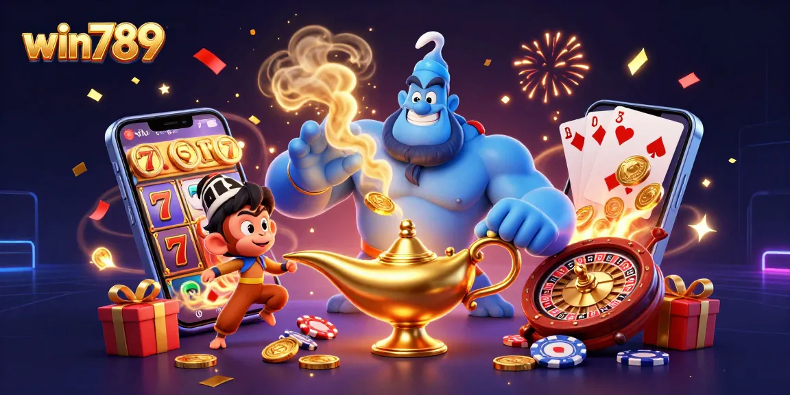 Win789's vibrant 3D genie bursting with golden coins and slot reels, energizing gaming excitement.
