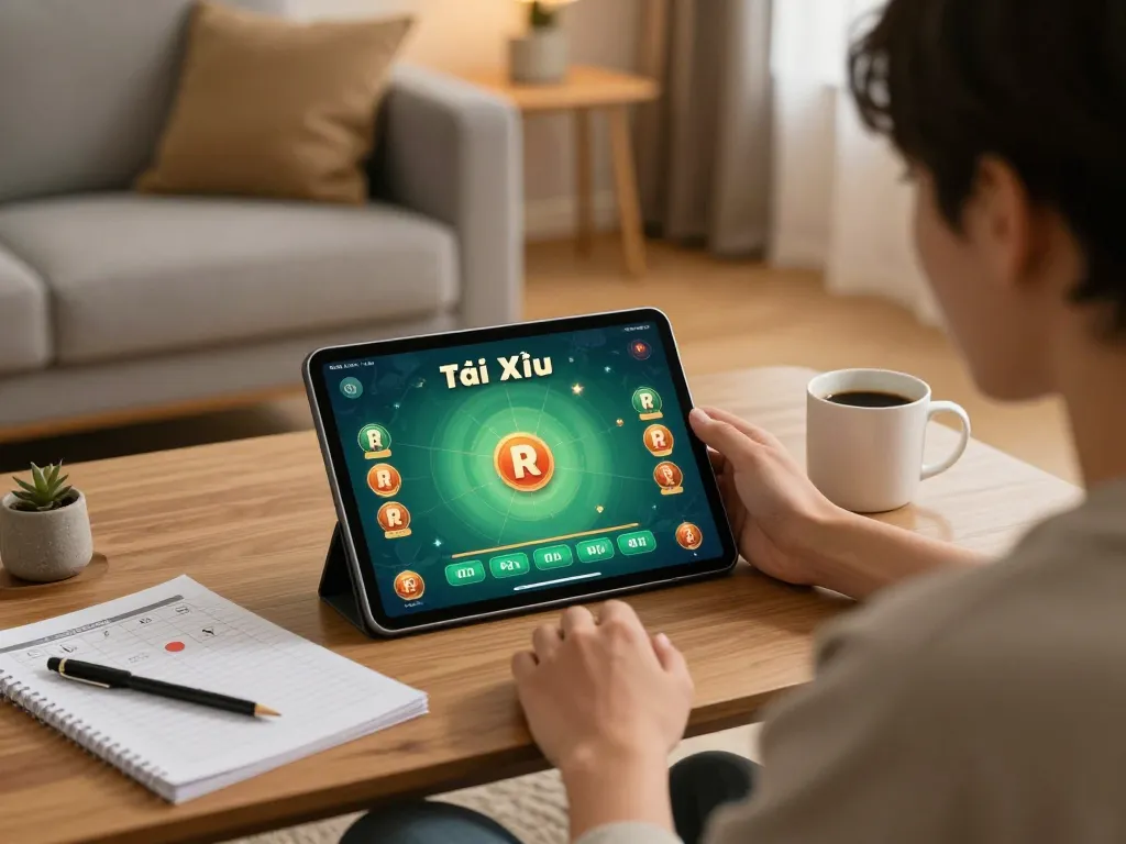 Engaging gameplay on app tài xỉu online with a relaxed home setting featuring strategy notes and warm lighting.