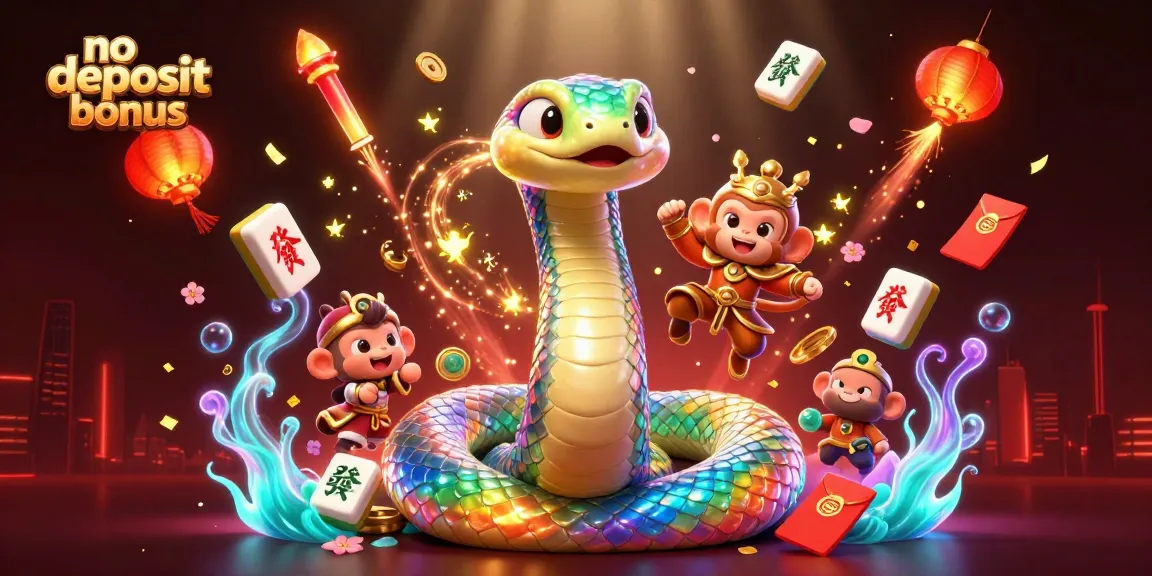 No deposit bonus illustration featuring a vibrant scene with a rainbow serpent and monkey king, surrounded by festive elements.
