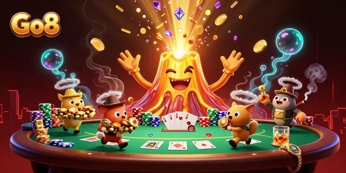Spin to win at Go8 with a vibrant golden volcano erupting treasures in a casino setting.