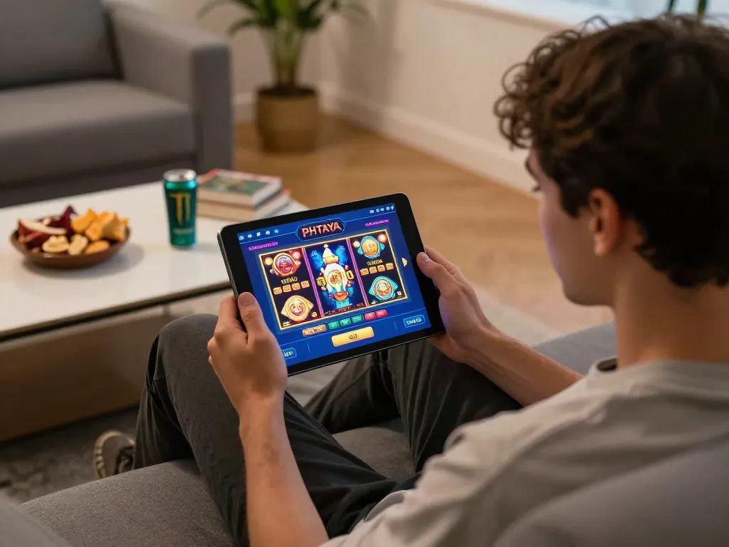 PHTAYA player engaged in online casino gaming with vibrant slots on tablet in cozy home setting