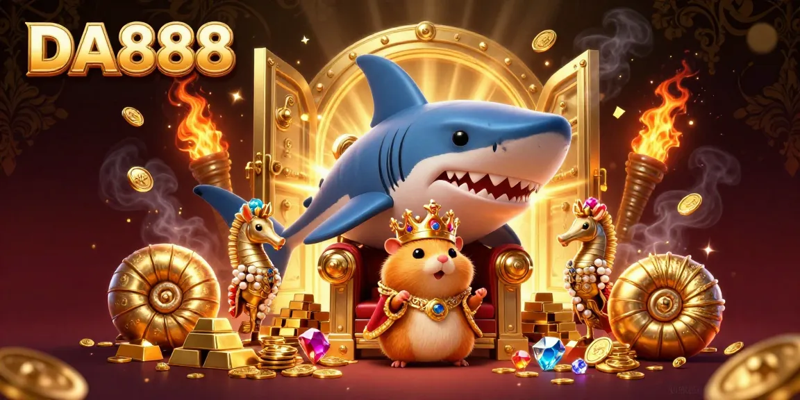Experience the excitement of DA888 with golden treasures and a fierce hamster king in this vibrant casino scene.