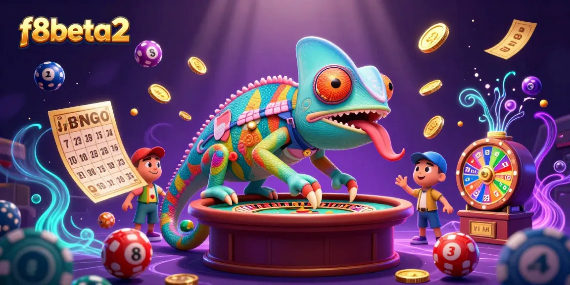 Experience vibrant gambling action with f8beta2 featuring a chameleon casino owner amidst dynamic gaming elements.