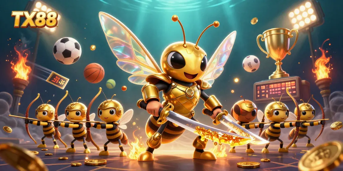 TX88 showcases dynamic sports betting action with a golden hornet and bee archers amid vibrant casino elements.