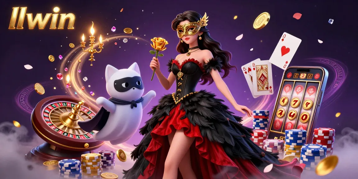 Engage with llwin in a vibrant 3D scene featuring a woman in a masquerade gown amidst casino excitement.