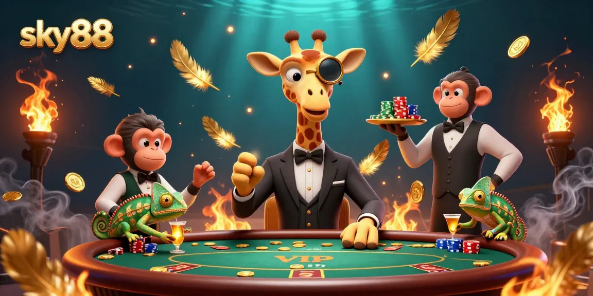 Engage with high-stakes poker at sky88, featuring a giraffe and monkey amid thrilling casino elements.