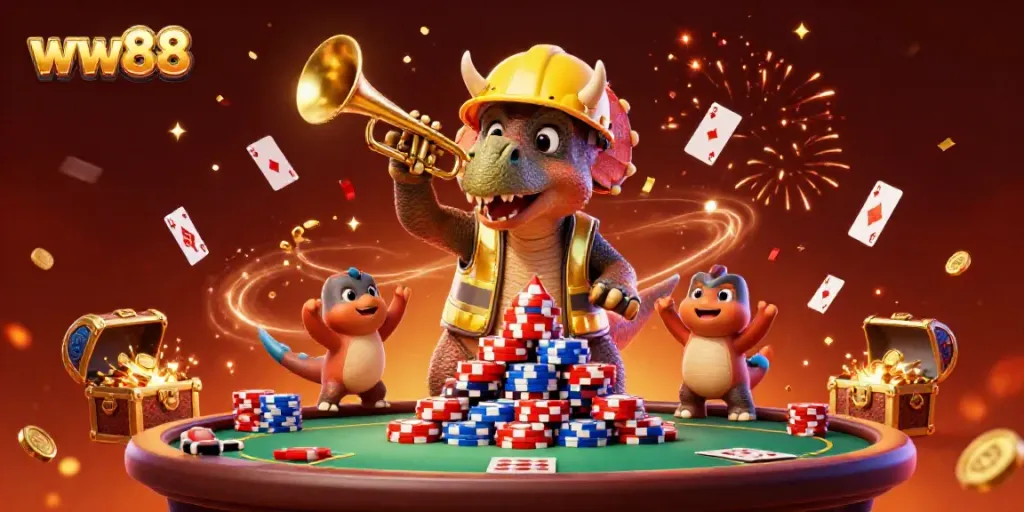 Experience the excitement of ww88 as colorful characters celebrate wins in a vibrant casino scene filled with treasures.
