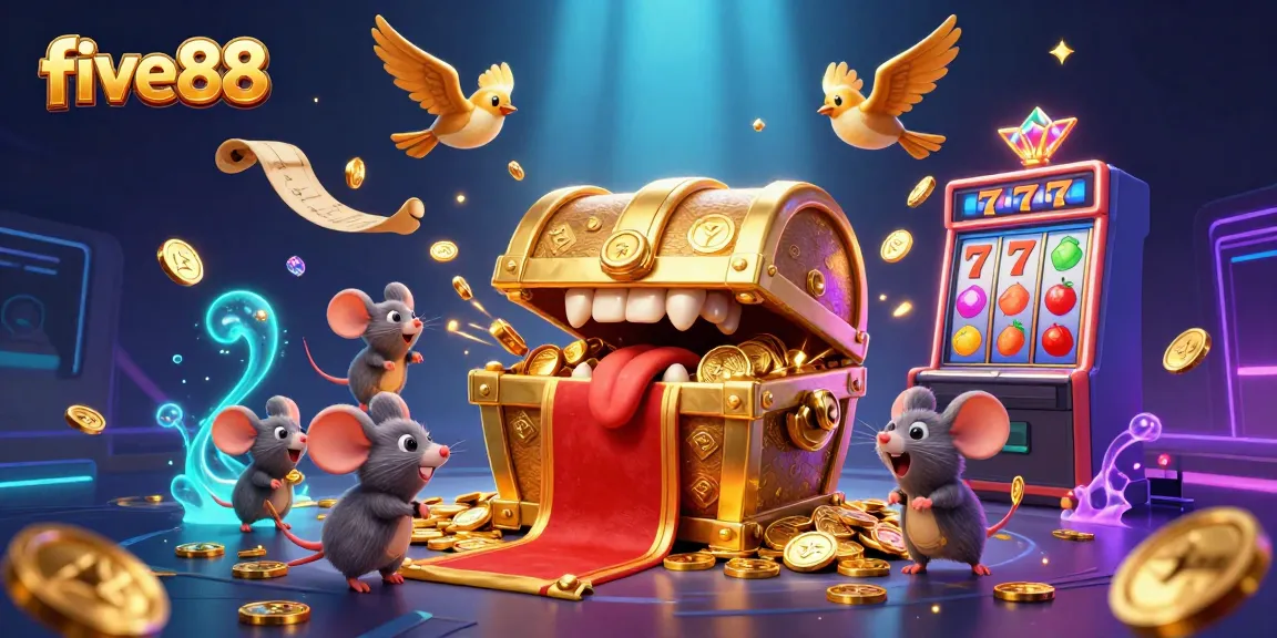 Experience the thrill of five88 with dazzling slot machine reels, rolling lucky 7s, and treasure-laden adventure.