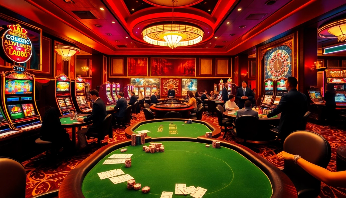 Engaging casino players at luxury tables in a vibrant scene, featuring da88 elements.